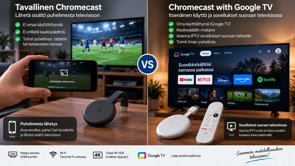 avallinen Chromecast ja Chromecast with Google TV vertailu IPTV-käytössä