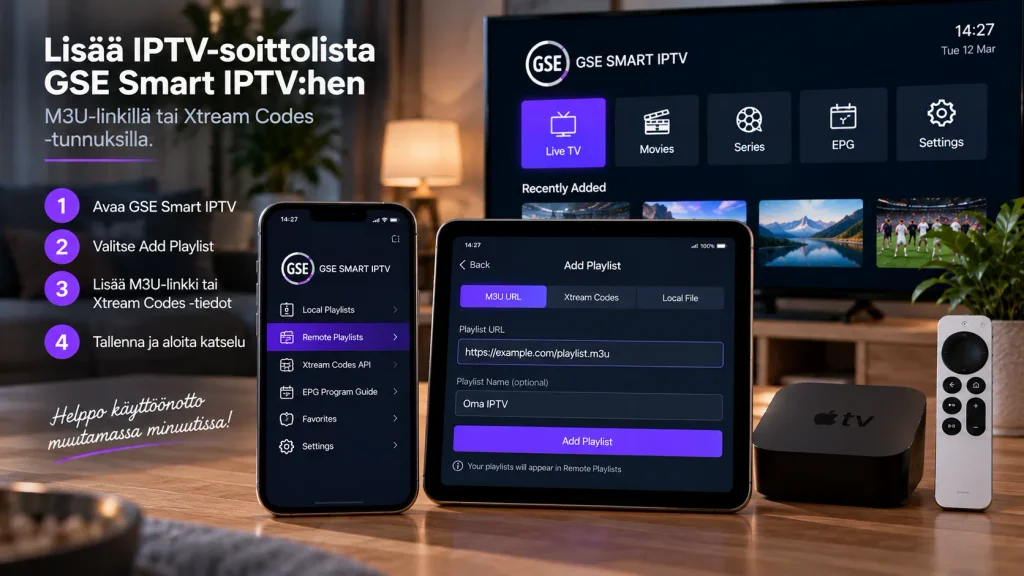 GSE Smart IPTV M3U-linkin ja Xtream Codes -tunnusten lisääminen
