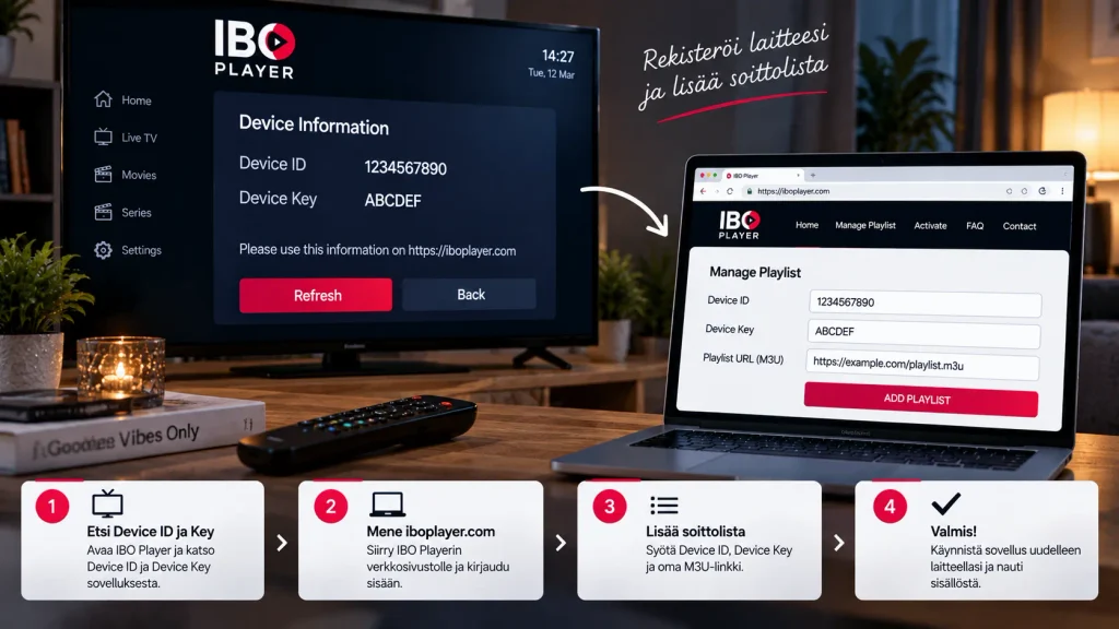IBO Player Device ID Device Key ja M3U-soittolistan lisääminen