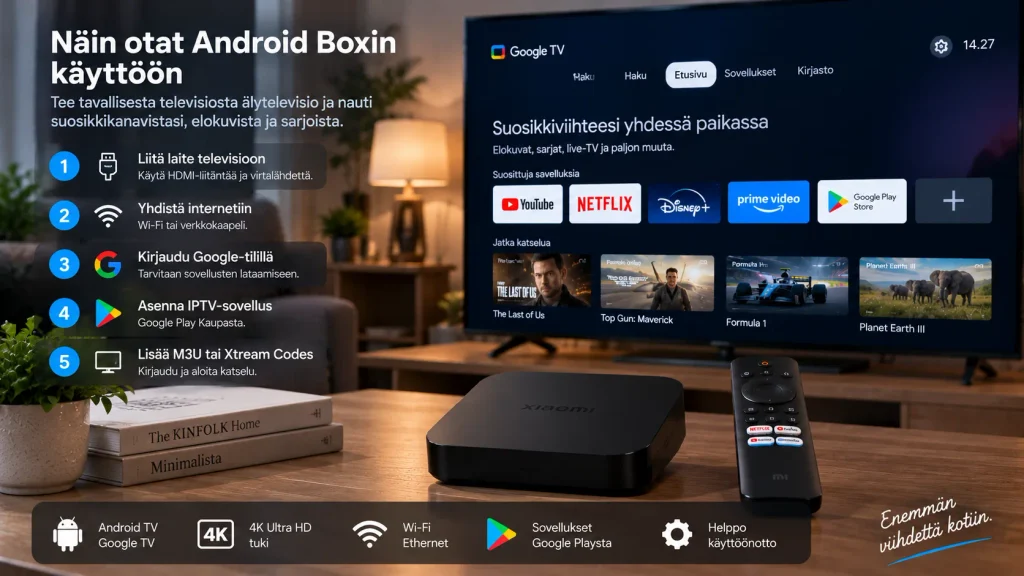 IPTV Android Box käyttöönotto HDMI Wi-Fi ja Google TV
