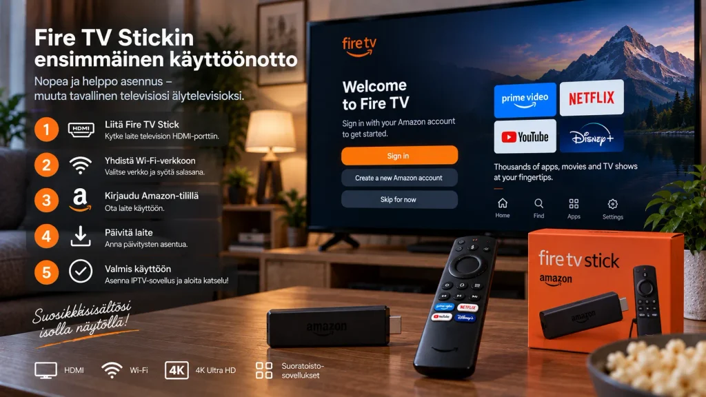 Fire TV Stickin ensimmäinen käyttöönotto HDMI Wi-Fi ja Amazon-tili