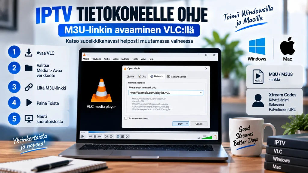 M3U-linkin avaaminen VLC:llä tietokoneella Windowsissa ja Macissa