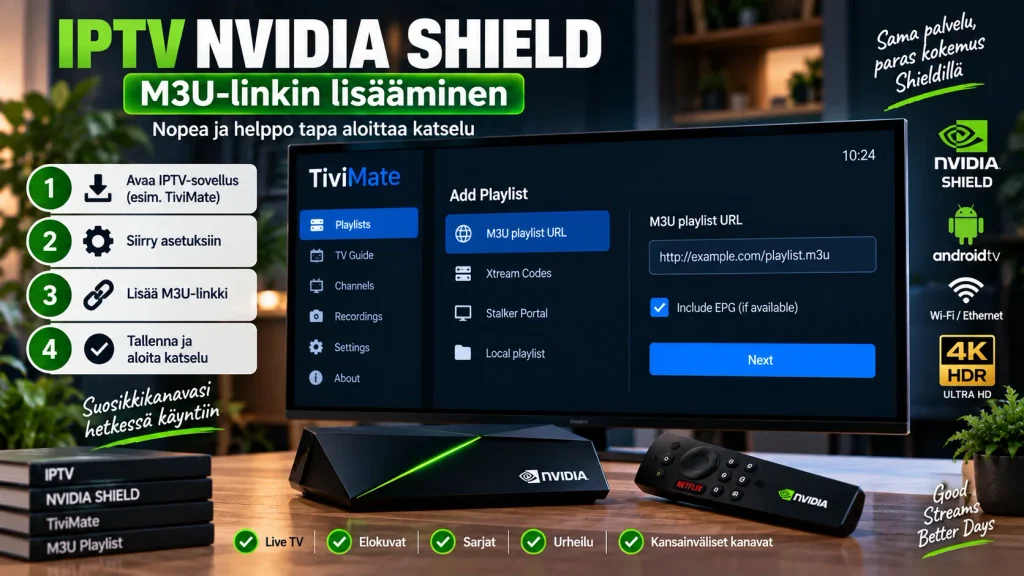 M3U-linkin lisääminen Nvidia Shield TV:lle IPTV-sovelluksessa