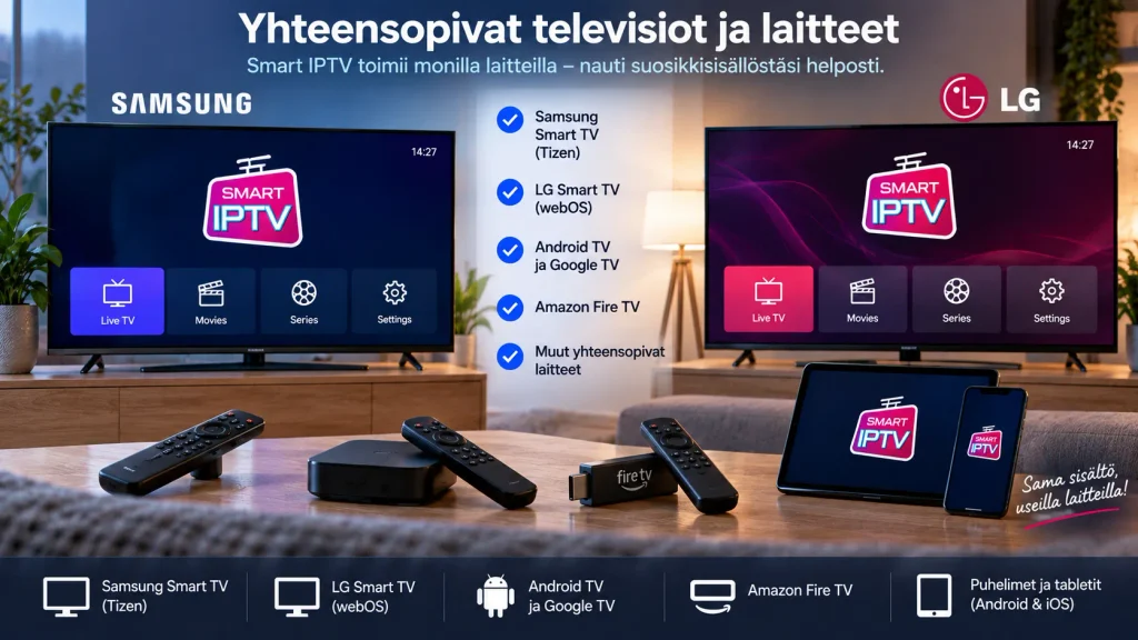 Smart IPTV yhteensopivat Samsung LG Android TV ja Fire TV laitteet