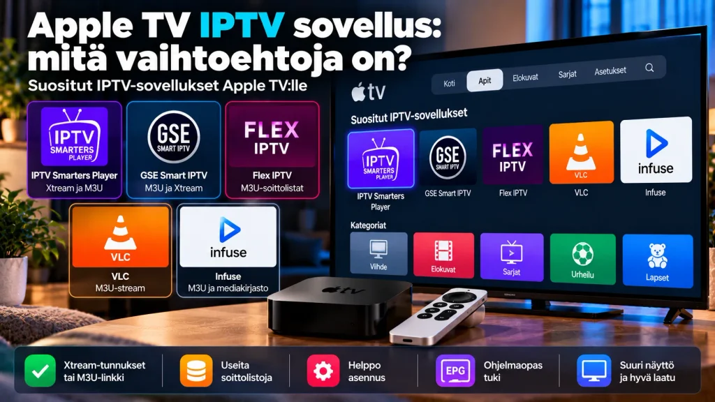 Apple TV IPTV sovellus – Smarters Player, GSE Smart IPTV, Flex IPTV, Infuse ja VLC