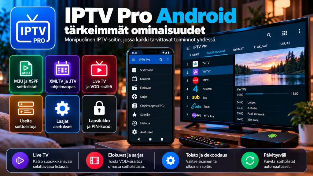 IPTV Pro Android – M3U-, XSPF-, XMLTV- ja JTV-tuki sekä tärkeimmät ominaisuudet