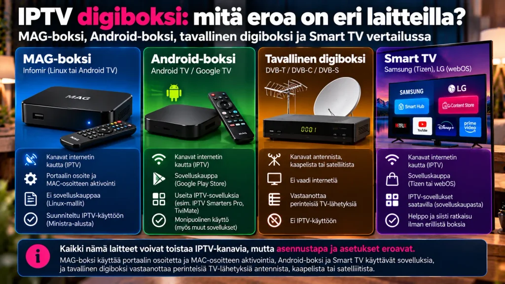 IPTV digiboksi – MAG-boksi, Android-boksi, tavallinen digiboksi ja Smart TV vertailussa