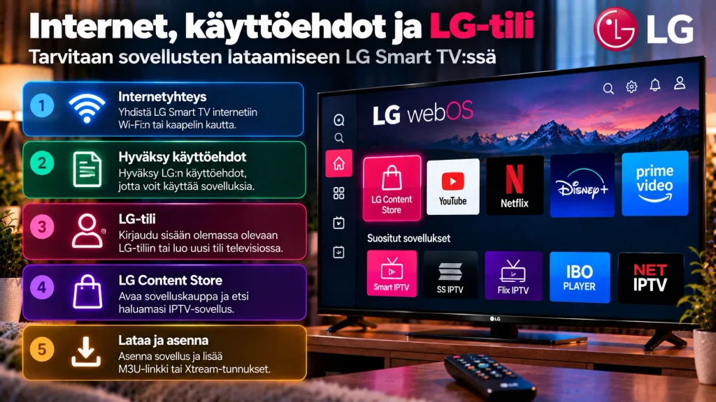 LG Smart TV internet, käyttöehdot ja LG-tili – IPTV-sovellusten lataaminen