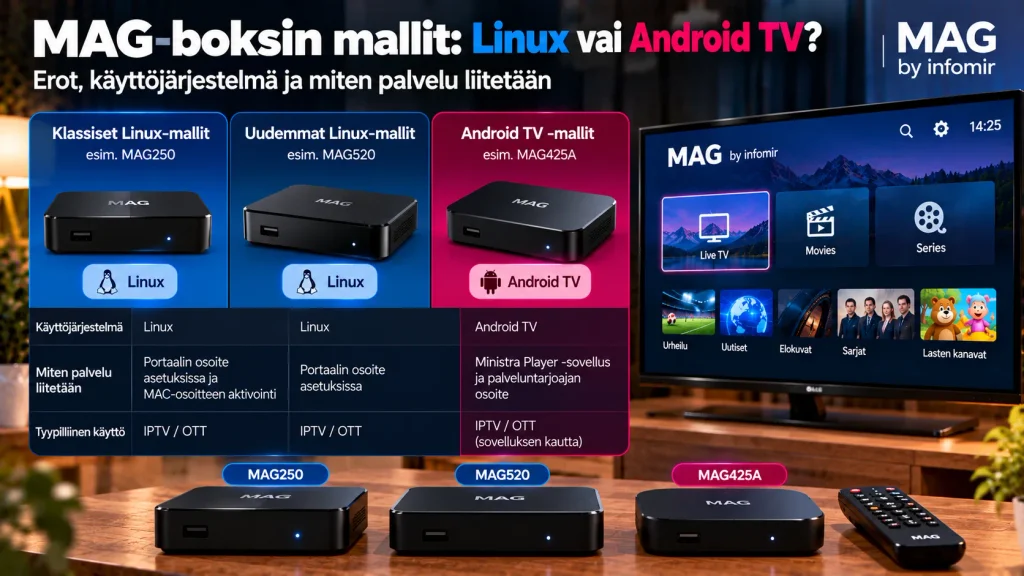 MAG-boksin mallit – Linux vai Android TV ja miten IPTV-palvelu liitetään