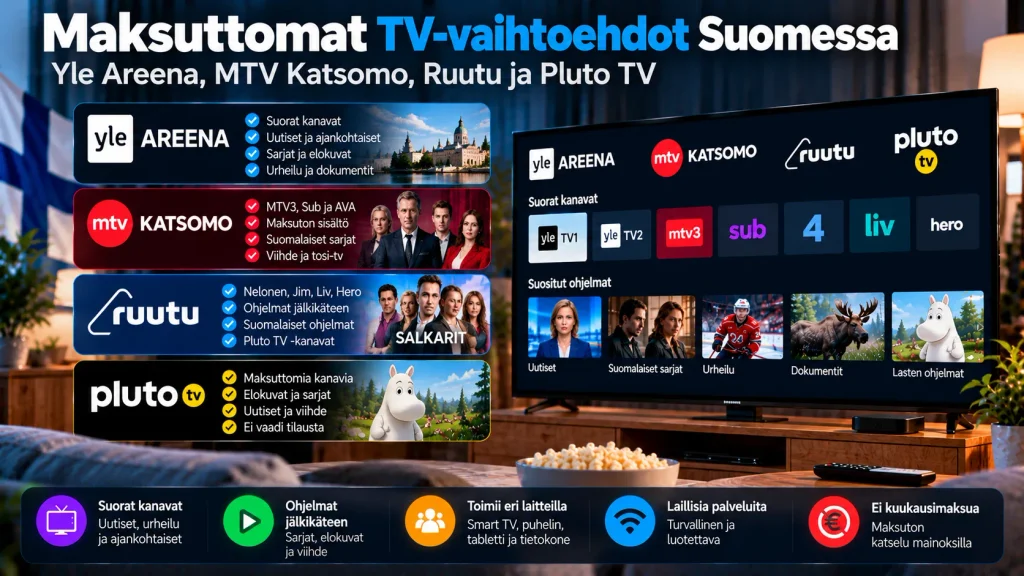 Maksuttomat TV-vaihtoehdot Suomessa – Yle Areena, MTV Katsomo, Ruutu ja Pluto TV