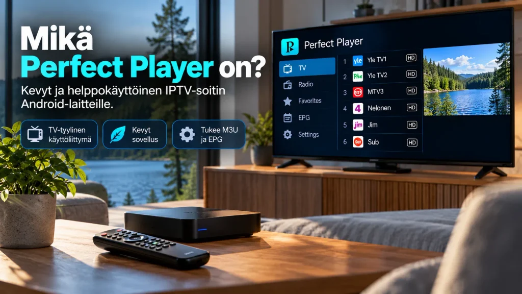 Perfect Player IPTV -soitin Android-laitteella television kuvaruudulla
