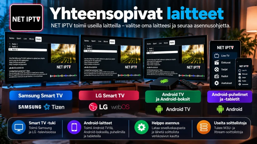 NET IPTV yhteensopivat laitteet – Samsung, LG, Android TV ja Android-laitteet