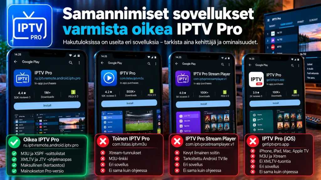 IPTV Pro samannimiset sovellukset – oikean Android-sovelluksen tunnistaminen