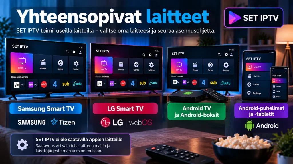 SET IPTV yhteensopivat laitteet – Samsung, LG, Android TV ja Android-laitteet