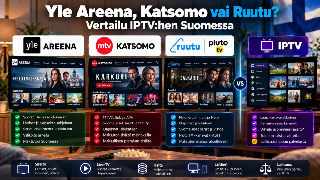 Yle Areena, MTV Katsomo vai Ruutu – vertailu IPTV:hen Suomessa